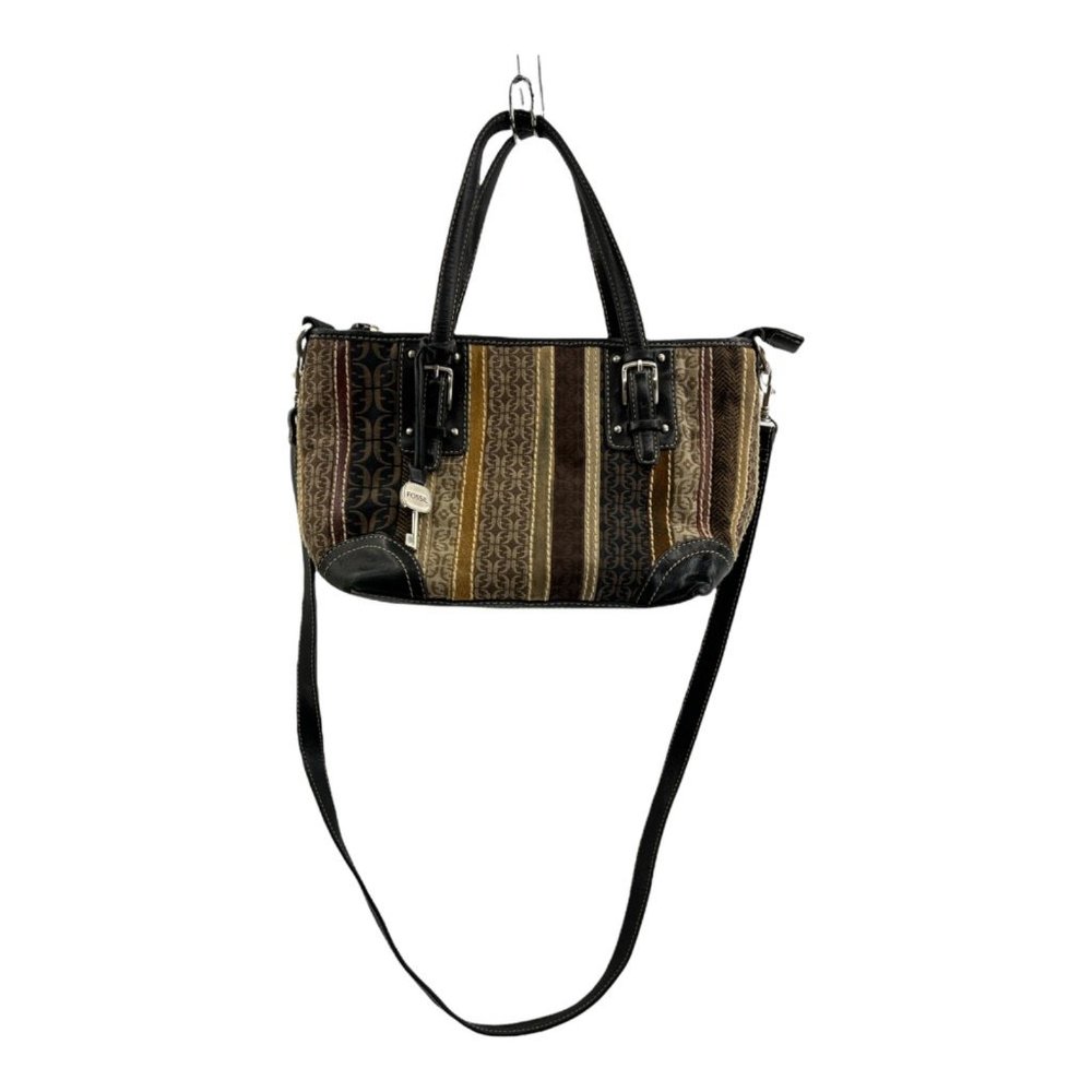Fossil Womens Satchel Handbag Black Brown Signature Logo Detachable Strap Zip S